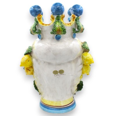 Paire de têtes Moro Caltagirone h environ 40 cm Modèle Fleurs et Citrons, boules couronne bleues - 