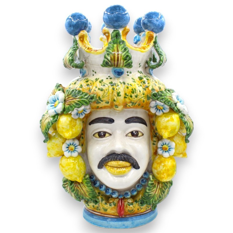 Paire de têtes Moro Caltagirone h environ 40 cm Modèle Fleurs et Citrons, boules couronne bleues - 
