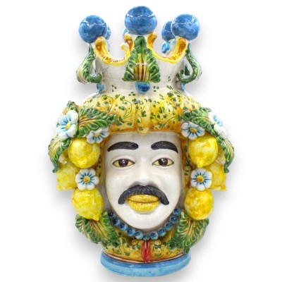 Paire de têtes Moro Caltagirone h environ 40 cm Modèle Fleurs et Citrons, boules couronne bleues - 