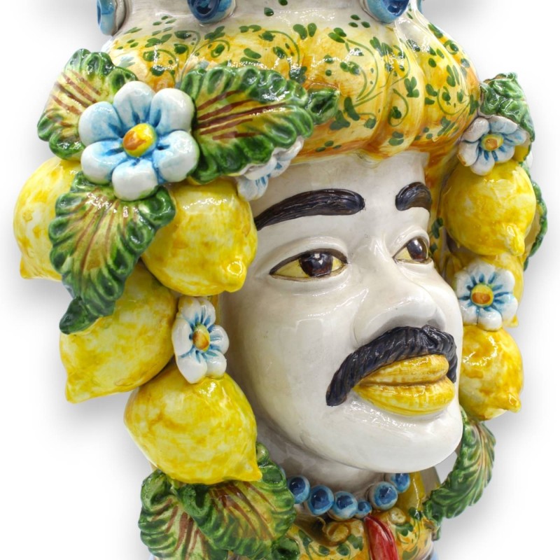 Paire de têtes Moro Caltagirone h environ 40 cm Modèle Fleurs et Citrons, boules couronne bleues - 