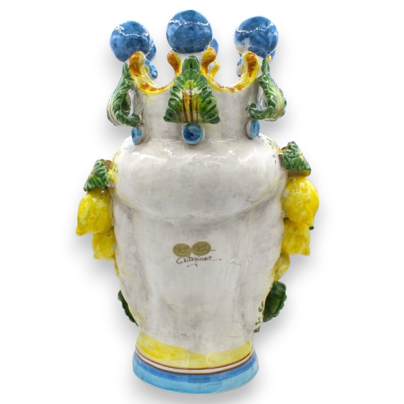 Paire de têtes Moro Caltagirone h environ 40 cm Modèle Fleurs et Citrons, boules couronne bleues - 