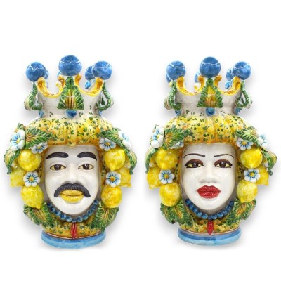 Paire de têtes Moro Caltagirone h environ 40 cm Modèle Fleurs et Citrons, boules couronne bleues - 