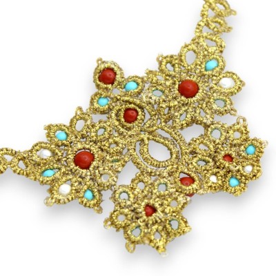 Collana in pregiato Pizzo Chiacchierino siciliano L 45 cm ca. sfere di turchese, perle naturali e di Maiorca - 