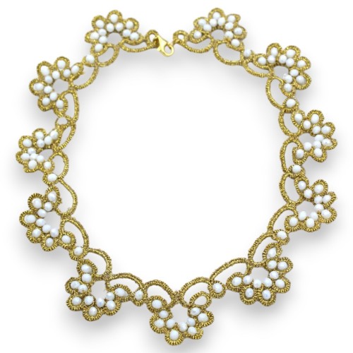 Collier en fine dentelle de frivolité sicilienne, tour de cou modèle L 40 cm environ. Avec des cristaux -  2