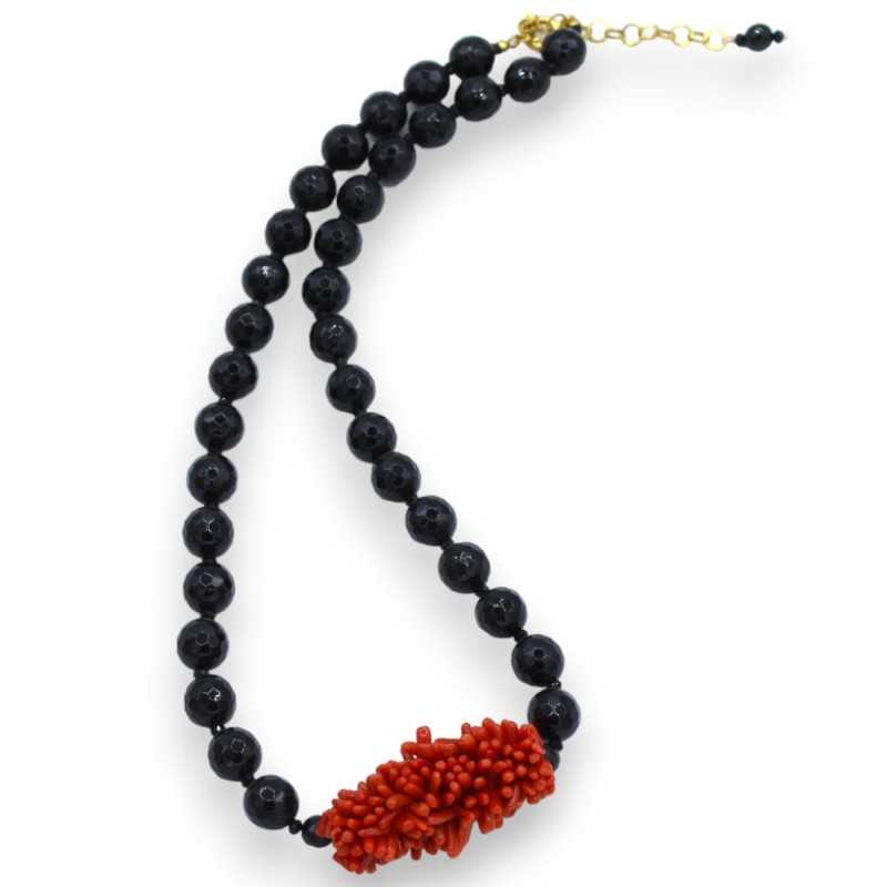 Onyx and coral necklace, L 54 cm approx. gold-plated 925 silver clasp -