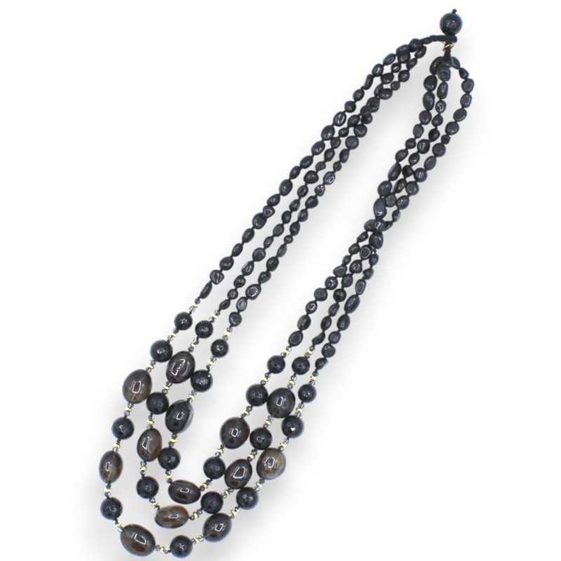 Artisan necklace with triple strand of Black Quartz, h approx. 65 cm. -