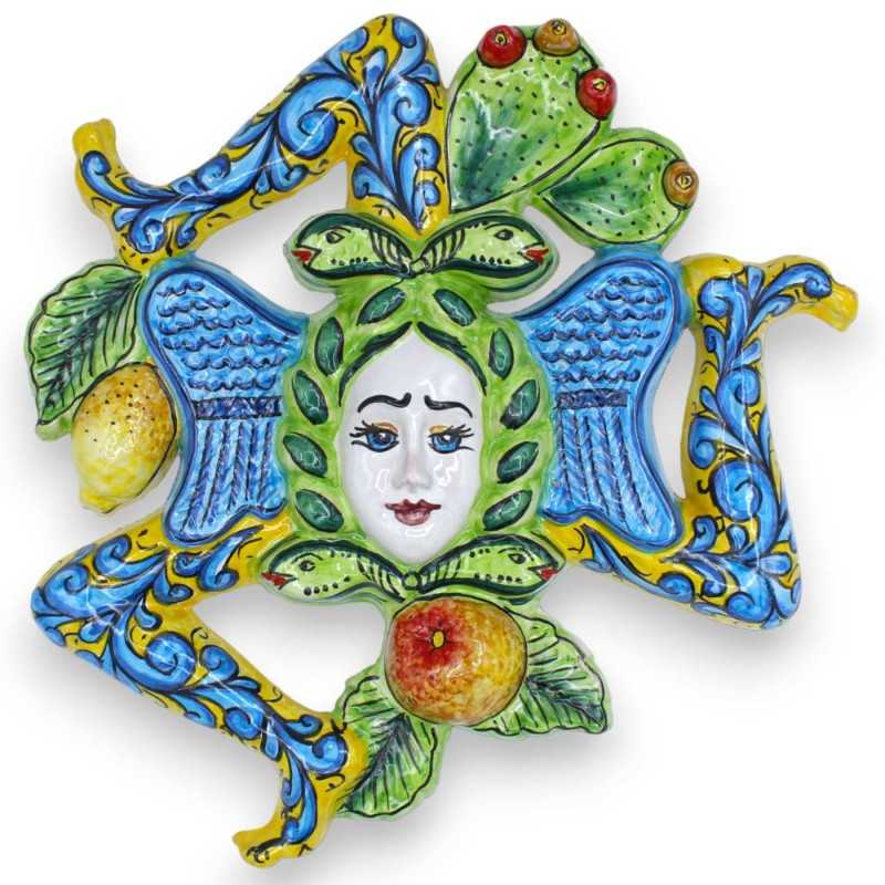 Trinacria in ceramica Siciliana - h 30 x 30 cm ca. fondo Giallo, decoro frutta e pale ficodindia - 