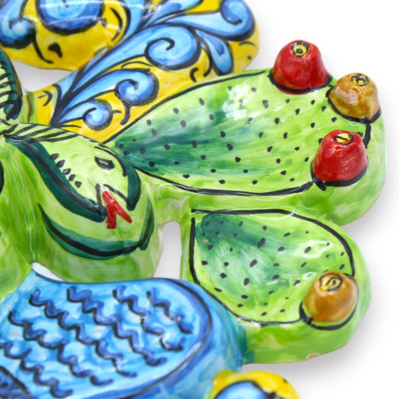 Trinacria in Sicilian ceramic - h 30 x 30 cm approx. Yellow background, fruit decoration and prickly pear blades - 