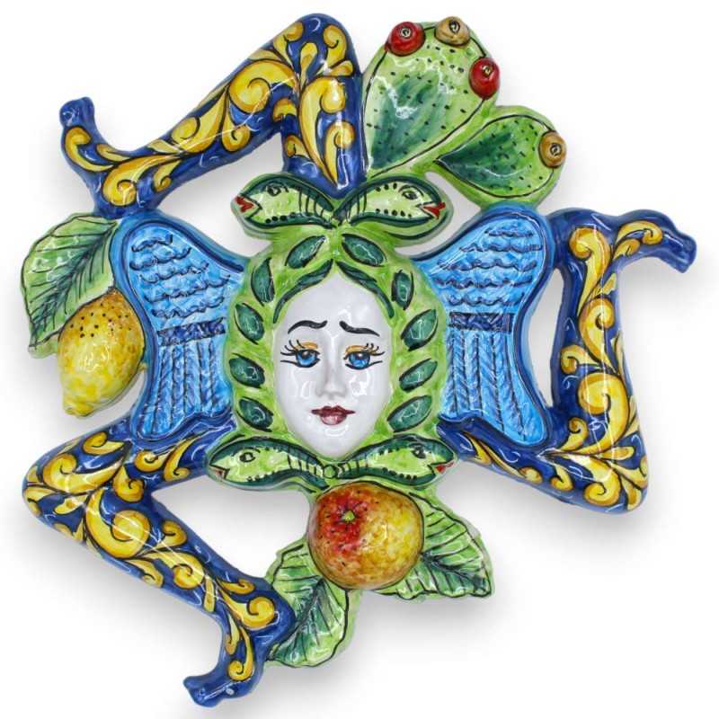 Trinacria in ceramica Siciliana - h 30 x 30 cm ca. fondo Blu, decoro frutta e pale ficodindia - 