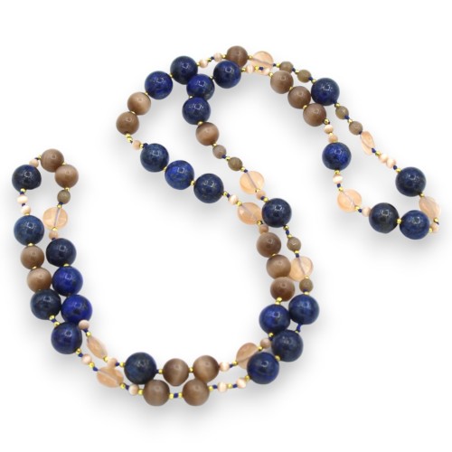 90 cm långt halsband med Lapis Lazuli och Tigeröga, handknuten -  2