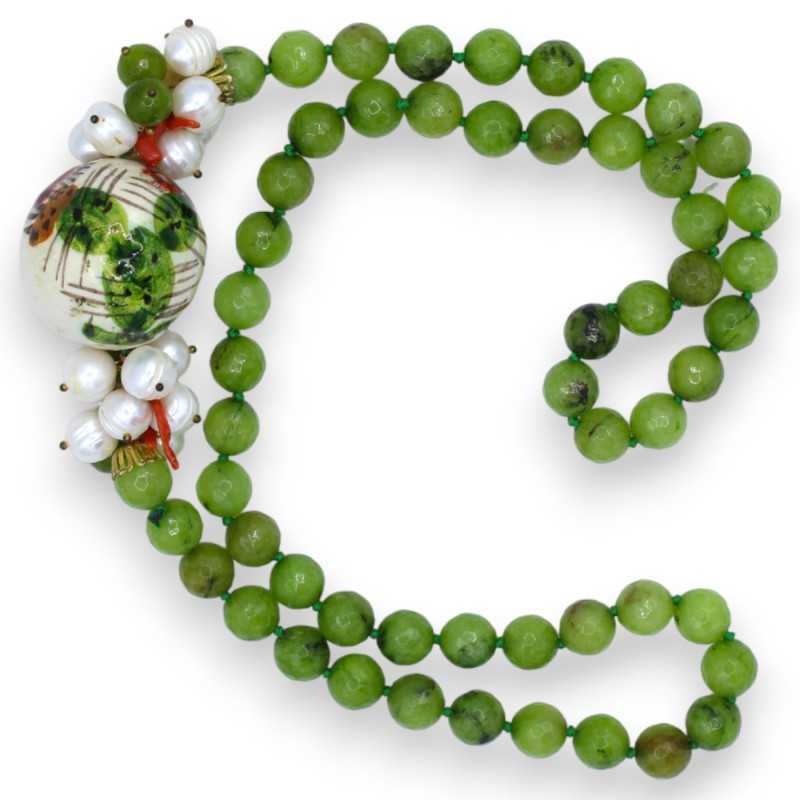 Necklace with faceted spheres in Jade and Pearls with Caltagirone ceramic insert, prickly pear decoration -