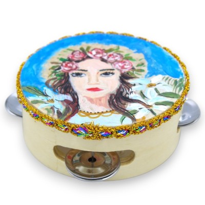 Tamburello Siciliano con sonagli, Ø 15 cm ca. in legno e vera pelle, dipinto a mano, Santa Rosalia MD2 - 