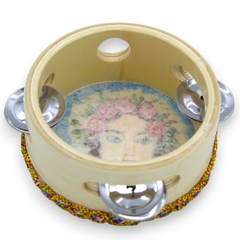 Tamburello Siciliano con sonagli, Ø 15 cm ca. in legno e vera pelle, dipinto a mano, Santa Rosalia MD2 - 