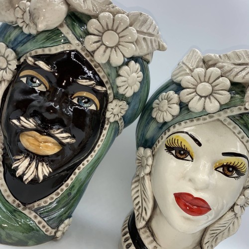 Moorkopf Caltagirone H ca. 28 cm Grüner Turban und Obst -  2