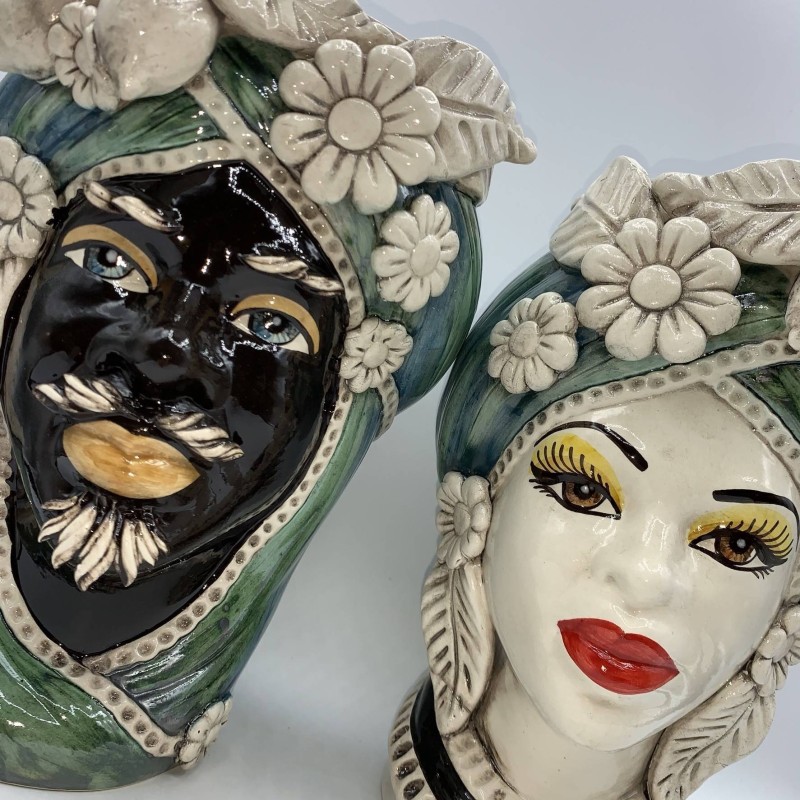 Tête de Maure Caltagirone h environ 28 cm Turban vert et fruits - 