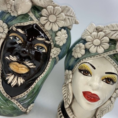 Moorkopf Caltagirone H ca. 28 cm Grüner Turban und Obst - 