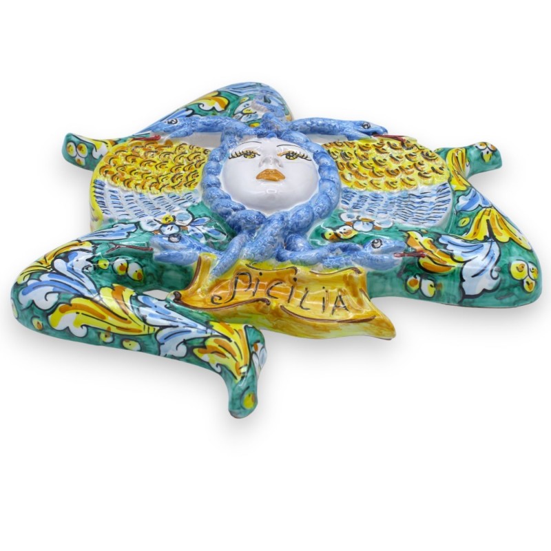 Trinacria in Caltagirone ceramic, h 40 x 40 cm approx. baroque and floral decoration, verdigris background - 