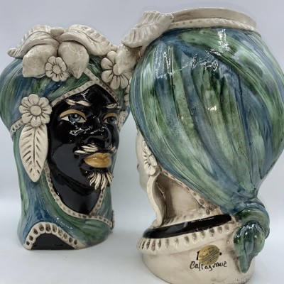 Moorkopf Caltagirone H ca. 28 cm Grüner Turban und Obst - 