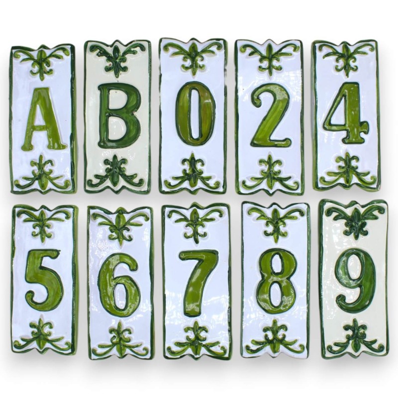Lettere e Numeri civici in pregiata ceramica siciliana - h 14 x 6 cm ca. (1Unità) Verde Con diverse opzioni - 