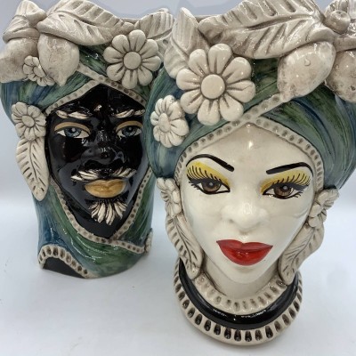 Moorkopf Caltagirone H ca. 28 cm Grüner Turban und Obst - 