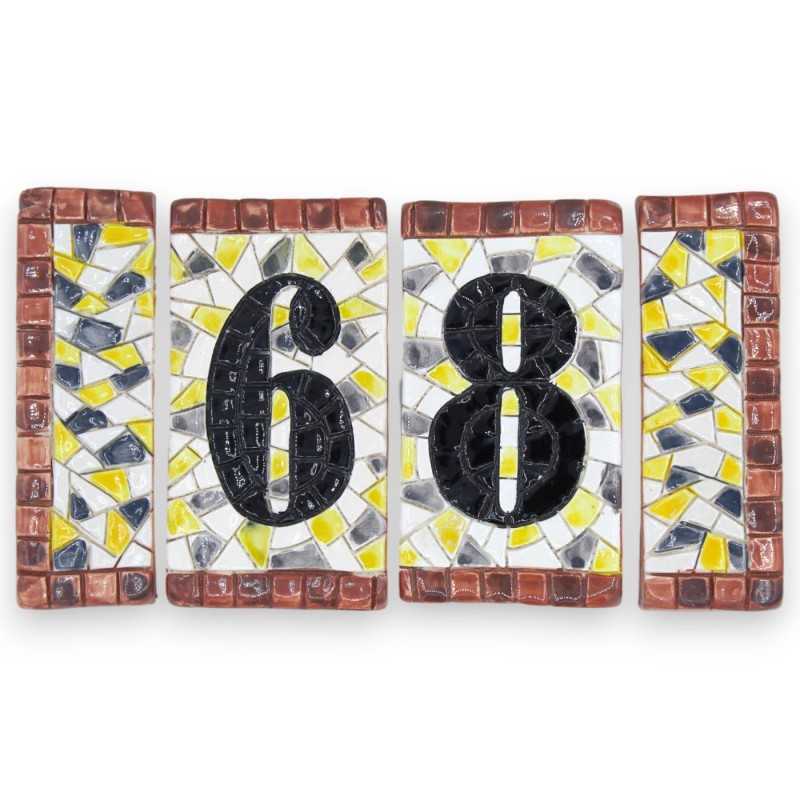 Set Unico di Numeri civici in pregiata ceramica siciliana, 4 pezzi (2 numeri + 2 cornici) effetto mosaico - 
