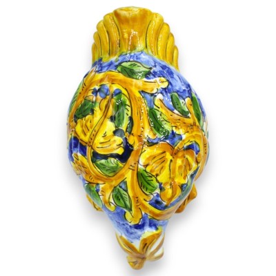 Papera testa in giù, "La Curtigghiara" in ceramica siciliana - L 27 x h 11 cm ca. decoro barocco e foglie su fondo blu -