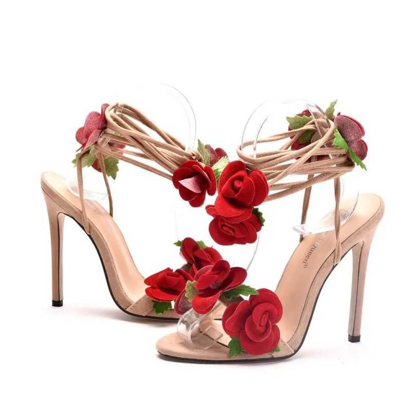 Sandales Bouquet, talon 11 cm, modèle en daim avec applications de roses, taille 38, bride - 
