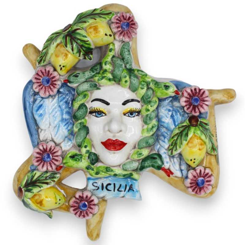 Trinacria ceramic Caltagirone - h 25 x 22 cm approx. lemon and floral decoration, blue wings - 