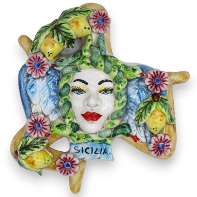 Trinacria ceramica Caltagirone - h 25 x 22 cm ca. decoro limoni e floreale, ali blu - 