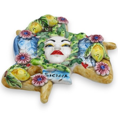 Trinacria ceramica Caltagirone - h 25 x 22 cm ca. decoro limoni e floreale, ali blu - 