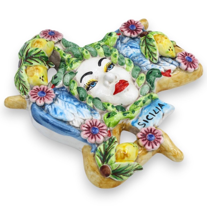 Trinacria ceramica Caltagirone - h 25 x 22 cm ca. decoro limoni e floreale, ali blu - 