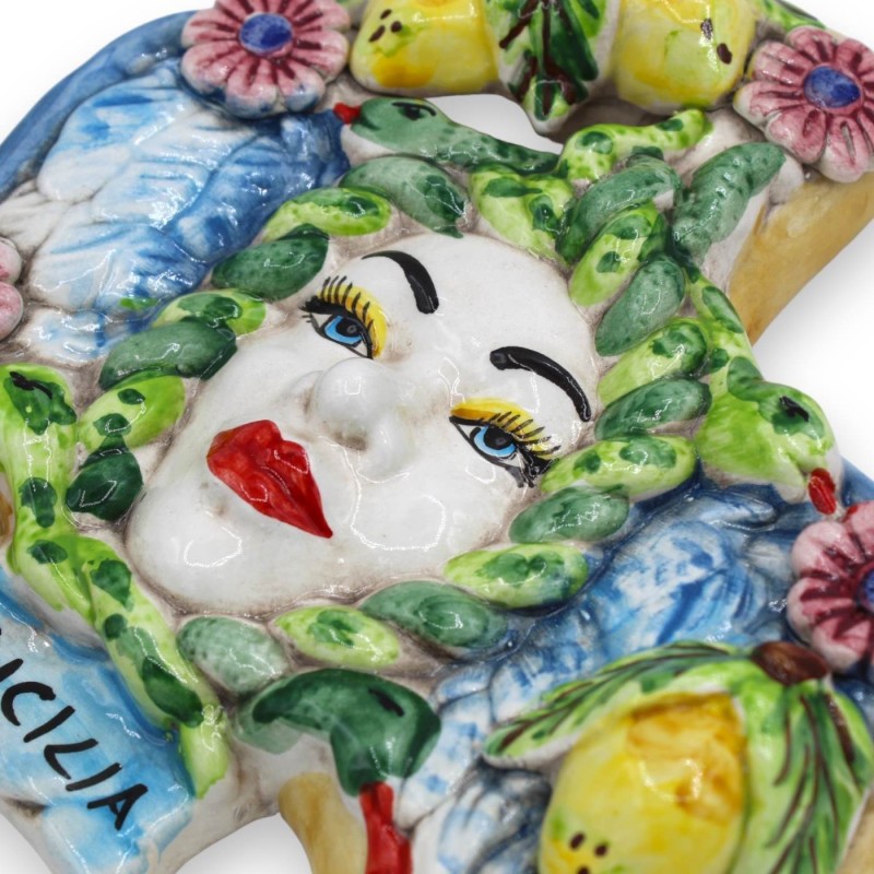 Trinacria ceramica Caltagirone - h 25 x 22 cm ca. decoro limoni e floreale, ali blu - 