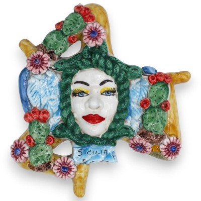 Trinacria keramiek Caltagirone - h 25 x 22 cm ca. cactusvijg- en bloemendecoratie, blauwe vleugels - 