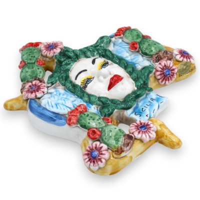 Trinacria keramiek Caltagirone - h 25 x 22 cm ca. cactusvijg- en bloemendecoratie, blauwe vleugels - 