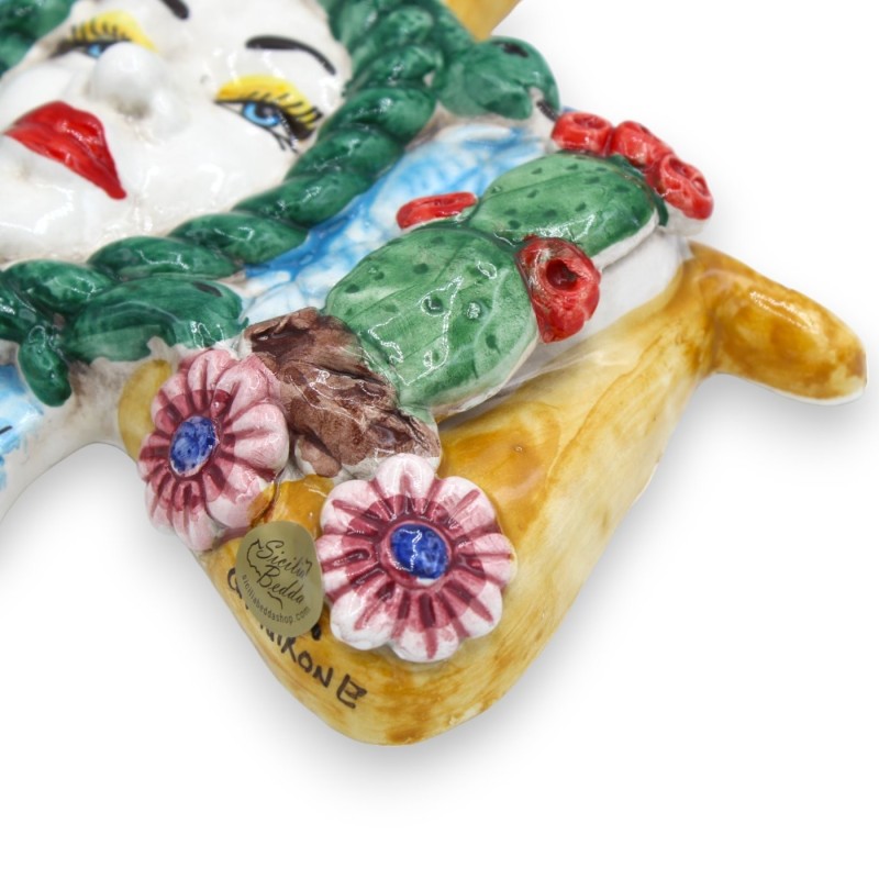 Trinacria keramiek Caltagirone - h 25 x 22 cm ca. cactusvijg- en bloemendecoratie, blauwe vleugels - 
