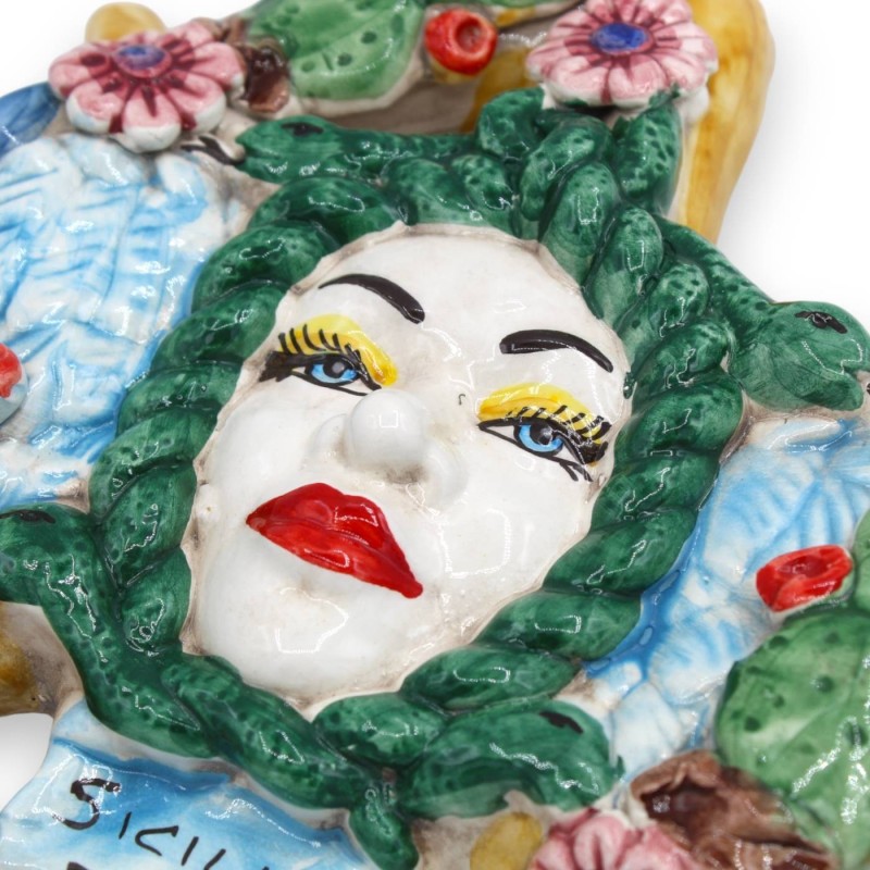 Trinacria ceramica Caltagirone - h 25 x 22 cm ca. decoro pale di ficodindia e floreale, ali blu - 