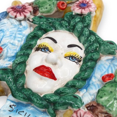 Trinacria keramiek Caltagirone - h 25 x 22 cm ca. cactusvijg- en bloemendecoratie, blauwe vleugels - 