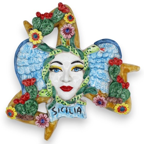 Trinacria in ceramica Caltagirone - h 36 cm ca. con applicazioni di Pale ficodindia e fiori - 