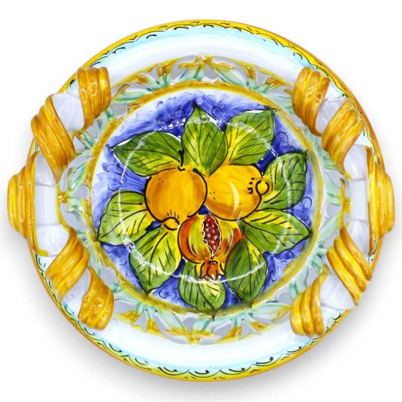 Centrotavola in pregiata ceramica smerlato e traforato, 2 opzioni dimensione (1pz) decoro fascio di limoni e melagrana -