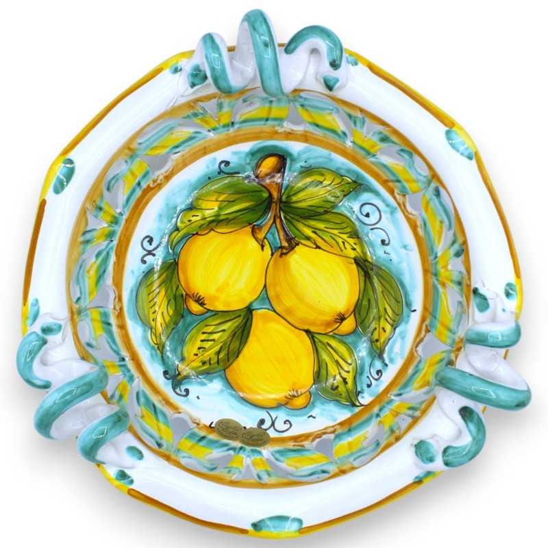 Centrotavola in pregiata ceramica smerlato e traforato, 2 opzioni dimensione (1pz) decoro fascio limoni su fondo verdera