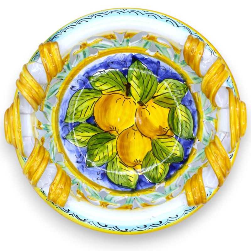 Centrotavola in pregiata ceramica smerlato e traforato, 2 opzioni dimensione (1pz) decoro fascio limoni su fondo Blu - 