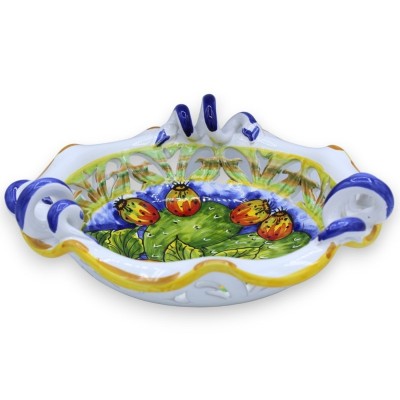 Centrotavola in pregiata ceramica smerlato e traforato, 2 opzioni misura (1Unità) decoro fascio limoni e pale ficodindia