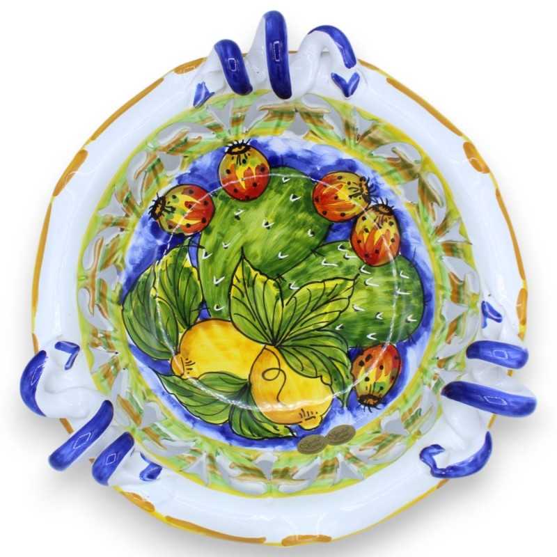 Centrotavola in pregiata ceramica smerlato e traforato, 2 opzioni dimensione (1pz) decoro fascio limoni e pale ficodindi