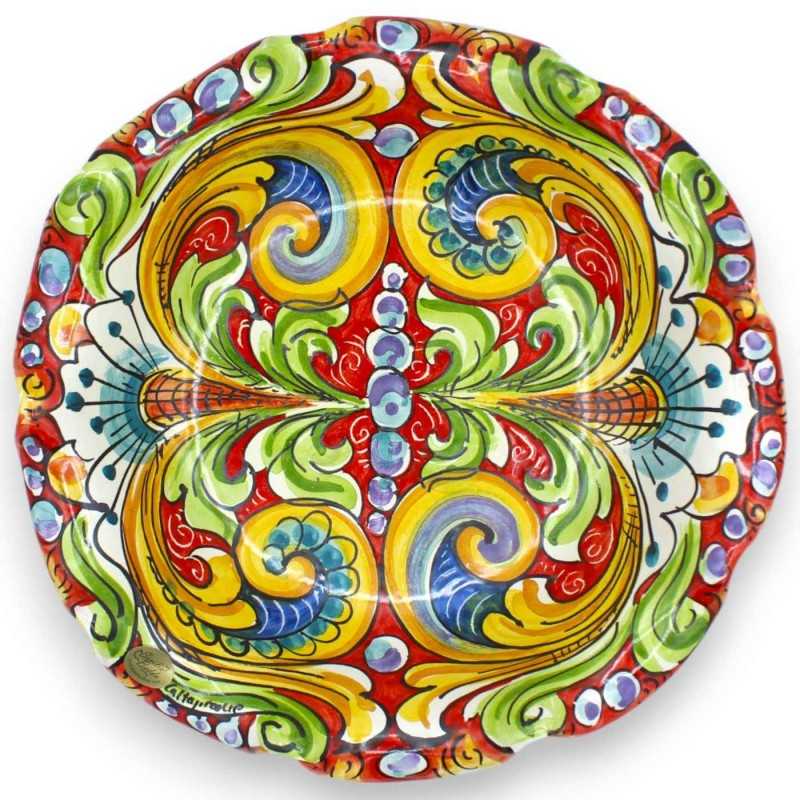 Centrotavola smerlato in ceramica Caltagirone con 2 opzioni misura (1pz) decoro barocco multicolore fondo rosso - 