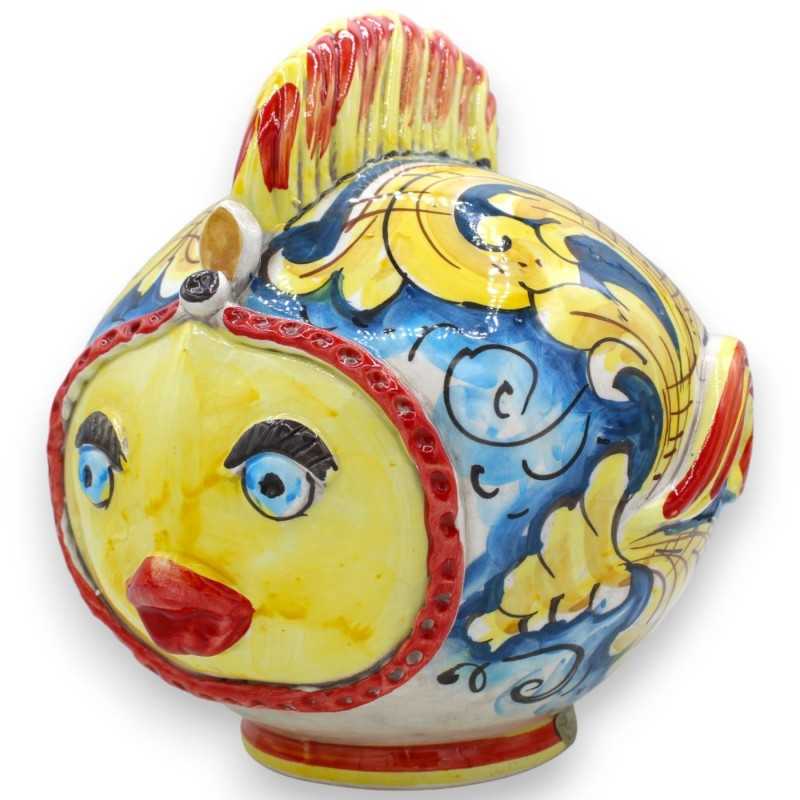 Pesce Palla in ceramica Caltagirone - h 23 x 27 x 20 cm ca. Decoro barocco su fondo blu e dettagli rossi - 