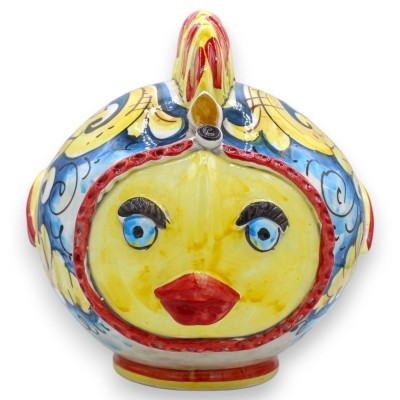 Pez globo de cerámica Caltagirone - h 23 x 27 x 20 cm aprox. Decoración barroca sobre fondo azul y detalles en rojo. - 