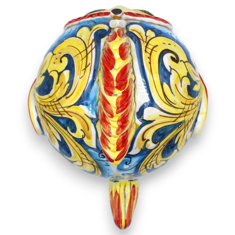 Caltagirone keramische kogelvis - h 23 x 27 x 20 cm ongeveer. Barokke decoratie op een blauwe achtergrond en rode detail