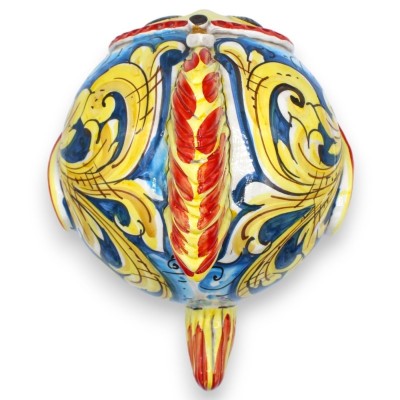 Caltagirone keramische kogelvis - h 23 x 27 x 20 cm ongeveer. Barokke decoratie op een blauwe achtergrond en rode detail