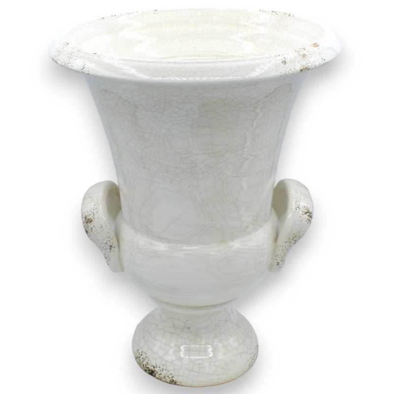 Vaso estilo Império com alças h 33 e Ø 25 cm aprox. em cerâmica branca antiga fina, efeito queimado - 