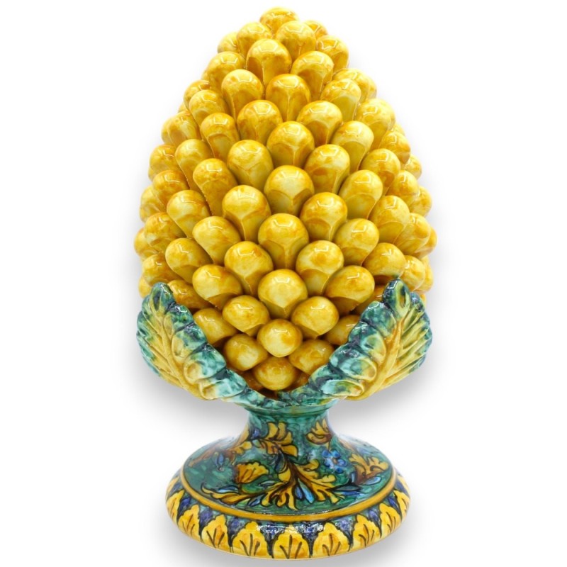 Piña de pino siciliano con hojas de acanto en cerámica siciliana, 5 opciones de tamaño (1ud) Amarillo con hojas y base c